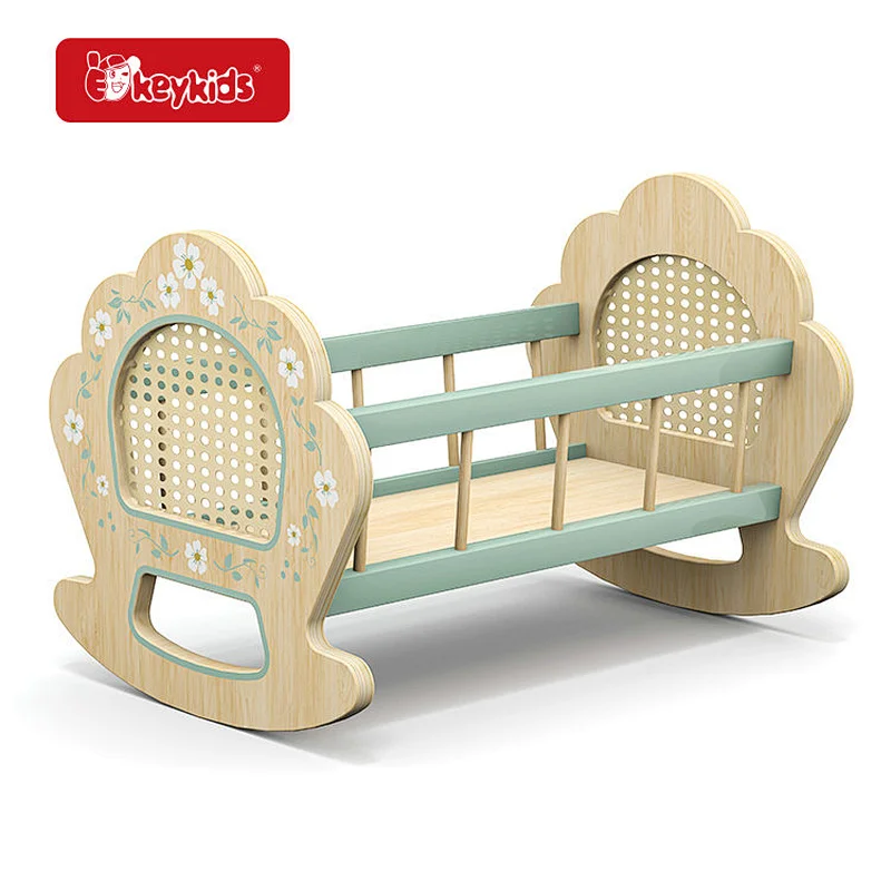 2026 New Wooden Rocking Doll Crib with Floral Print for Pretend Play W08E048